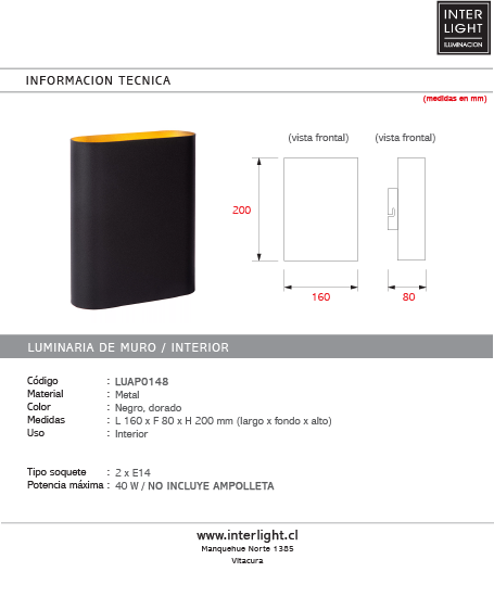 Aplique metal  negro dorado 16x20 cm 2 luces E14 - LUAP0148
