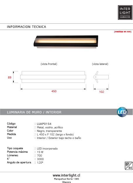 Apliqué metal vidrio negro 45x10.2 cm LED 8W - LUAP0154