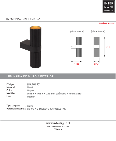 Aplique metal negro 2 luces GU10 - LUAP0157