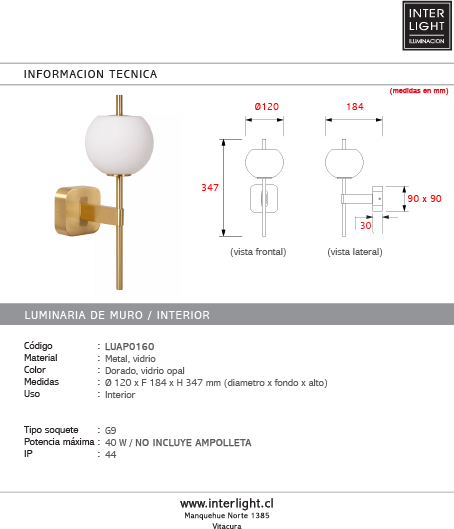 Aplique metal dorado vidrio opal 12x18,4x34,7 cm G9 - LUAP0160