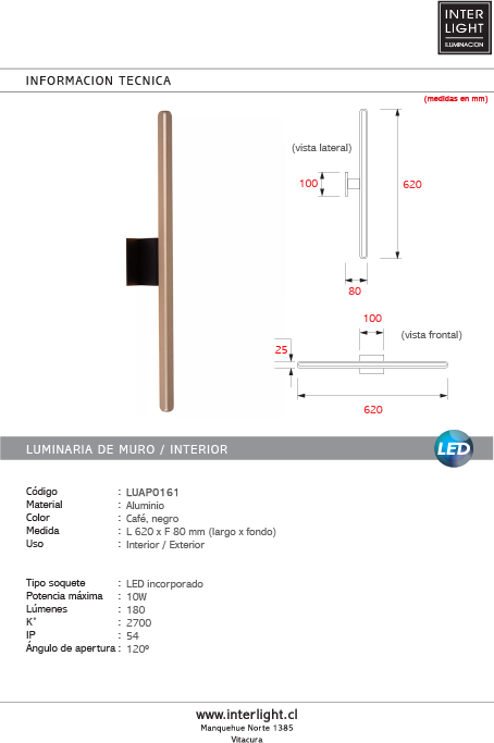 Aplique aluminio café negro 62x8 cm LED 10W -  LUAP0161