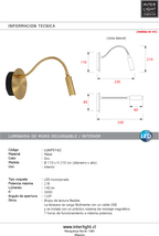 Aplique lectura brazo flexible recargable con cable USB Ø11 LED 2W - LUAP0162