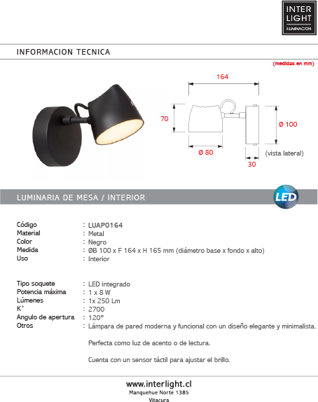 Aplique metal negro dimeable Ø10x16,4x16,5 cm 8W - LUAP0164