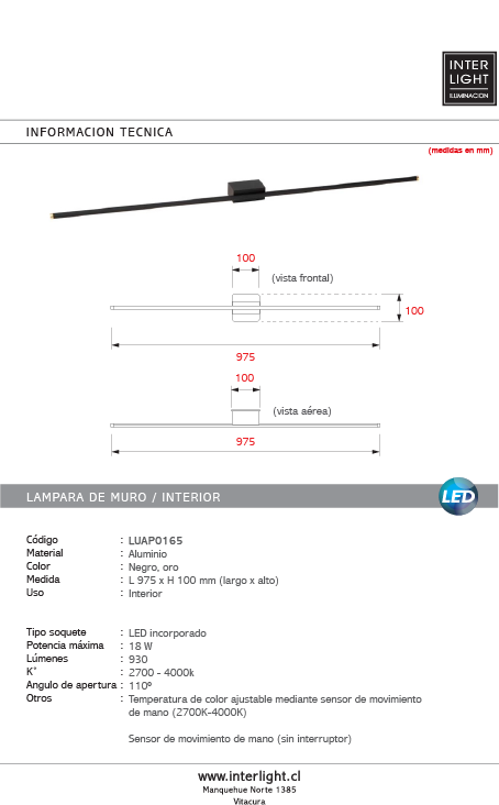 Aplique aluminio negro oro 97,5 cm 18W LED - LUAP0165