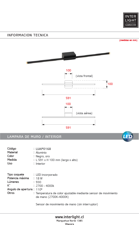 Aplique aluminio negro oro 59,1 cm 13W LED - LUAP0168