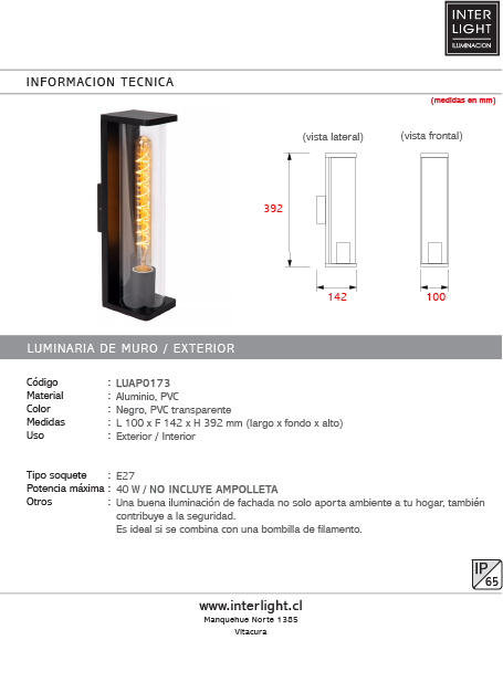Apliqué aluminio negro PVC transparente exterior IP65 10x14,2x39,2 cm E27- LUAP0173