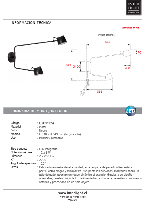 Aplique metal negro dimeable 53,8cm 2 luces 8W  LED - LUAP0174