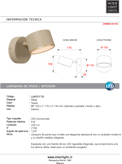 Aplique metal taupe dimeable Ø10x17x13 cm  9W LED - LUAP0178