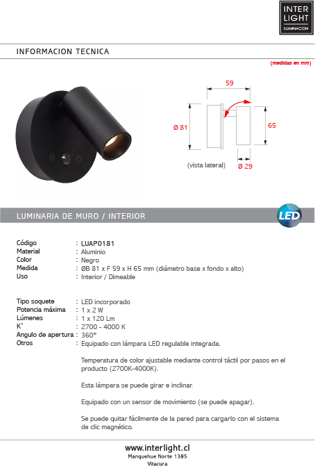 Aplique aluminio negro dimeable con sensor de movimiento Ø8,1x5.9x6.5 cm 2W LED - LUAP0181
