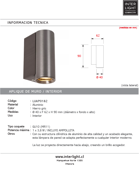 Aplique aluminio gris metalizado Ø4x6,2x9 cm 1xGU10 (MR11) - LUAP0182