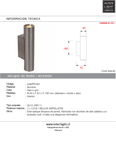 Aplique aluminio gris metalizado Ø4x6,2x18 cm 2xGU10 (MR11) - LUAP0183