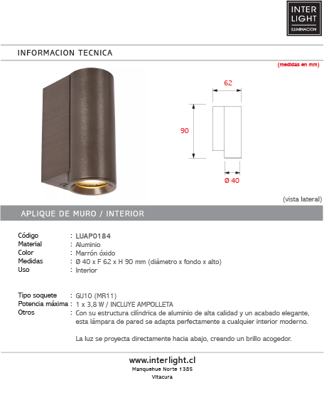 Aplique aluminio café metalizado Ø4x6,2x9 cm 1xGU10 (MR11) - LUAP0184