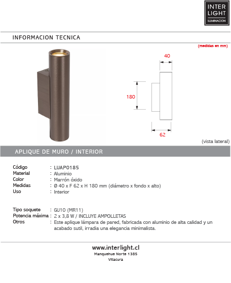 Aplique aluminio Café metalizado Ø4x6,2x18 cm 2xGU10 (MR11) - LUAP0185