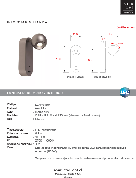 Aplique aluminio hierro gris Ø6.5x11x18 cm 6.3W LED  - LUAP0190