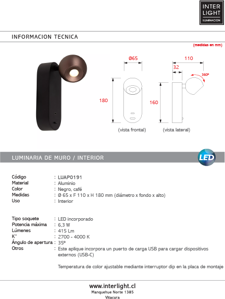 Aplique aluminio negro café Ø6.5x11x18 cm 6.3W LED - LUAP0191