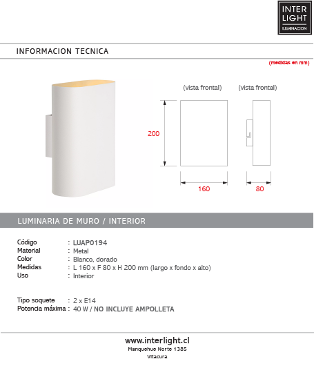Aplique metal blanco interior dorado 16x8x20 cm 2 luces E14 - LUAP0194