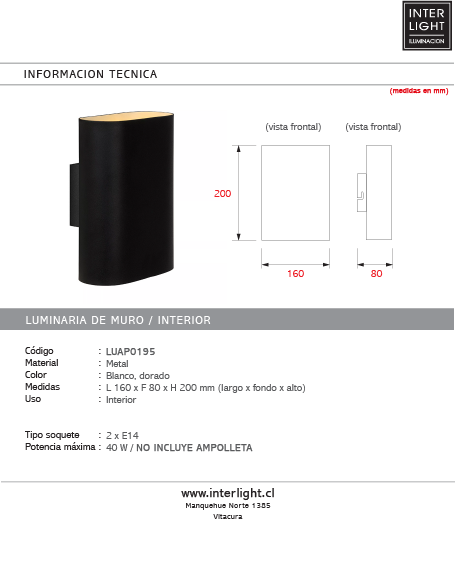 Aplique metal negro interior dorado 16x8x20 cm 2 luces E14  - LUAP0195