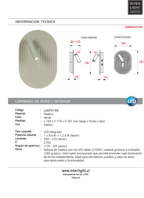 Aplique madera verde 18,4x17x28,1 cm 12,6W LED - LUAP0198