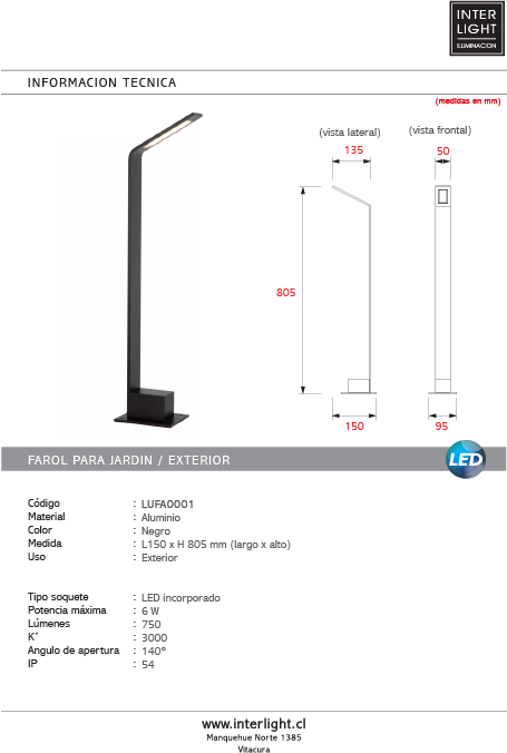 Farol aluminio negro 15cm 6W - LUFA0001