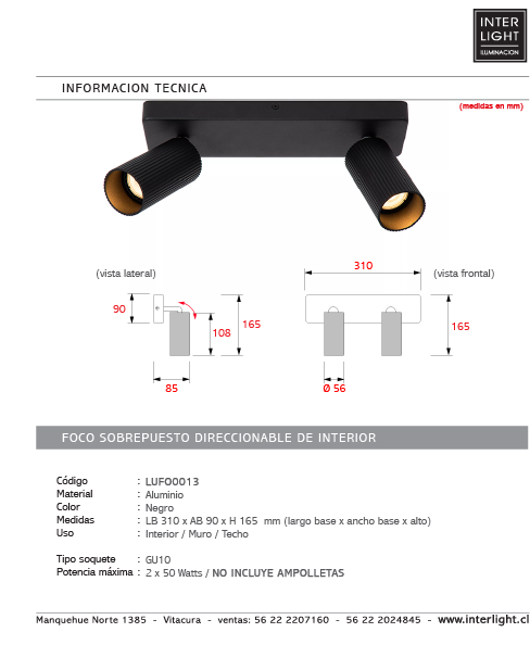 Foco aluminio negro 31x9 cm 2 luces GU10 - LUFO0013