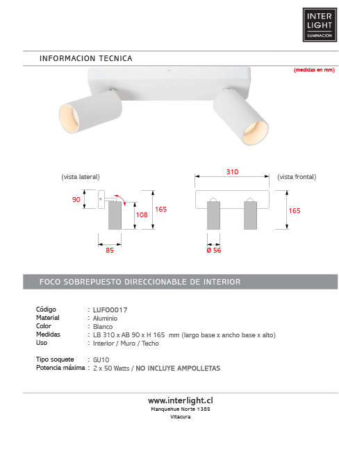 Foco aluminio blanco 31x9 cm 2 luces GU10 - LUFO0017