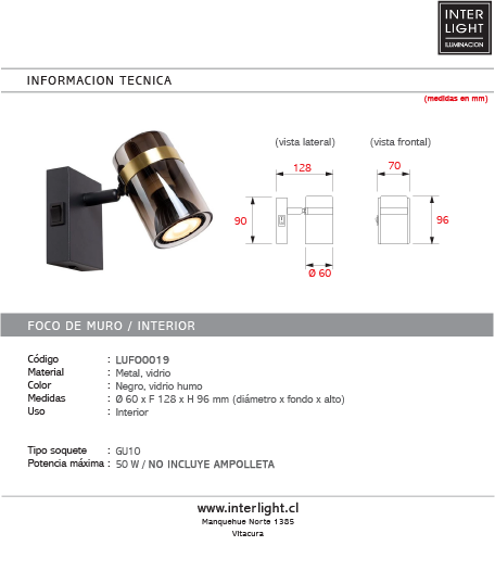 Foco metal negro vidrio humo Ø6x9.6 cm GU10 - LUFO0019