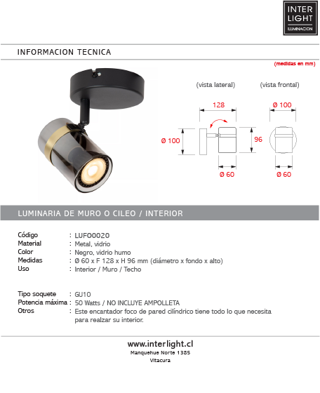 Foco metal negro vidrio humo Ø6x9.6 cm GU10 - LUFO0020