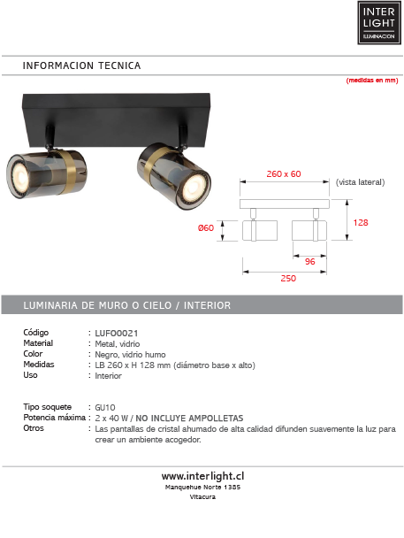 Foco metal negro vidrio humo 26x12,8 cm dos luces GU10 - LUFO0021