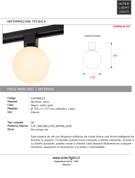 Lámpara para riel monofásico aluminio negro vidrio opal Ø10 cm 1xG9 - LUFO0022