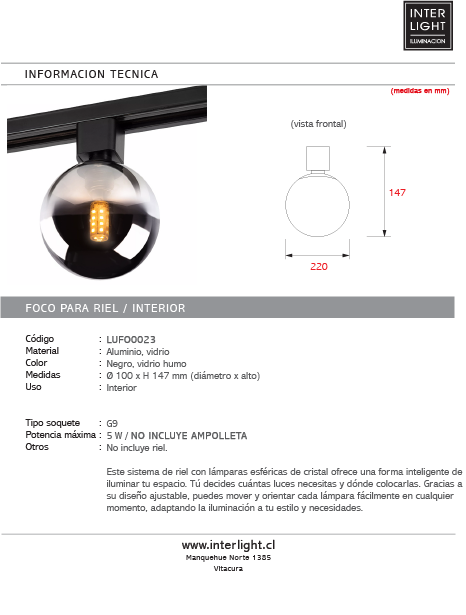 Lámpara para riel monofásico aluminio negro vidrio humo Ø10 cm 1xG9 - LUFO0023