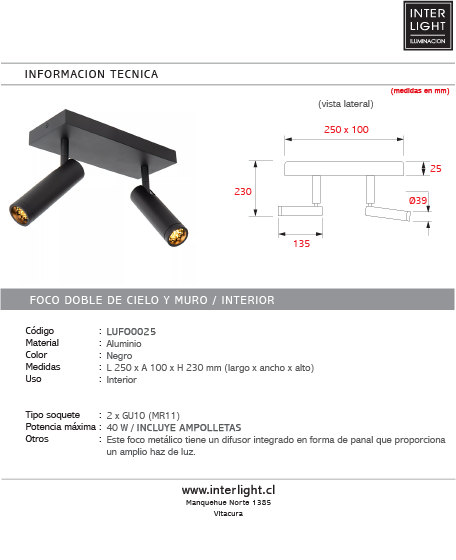 Foco aluminio negro 25x10x23 cm 2 luces GU10 (MR11)  - LUFO0025