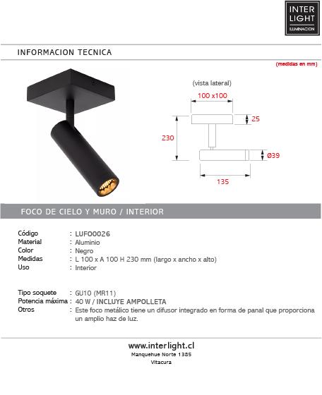 Foco aluminio negro 10x10x23 cm  1 luz GU10 (MR11) - LUFO0026