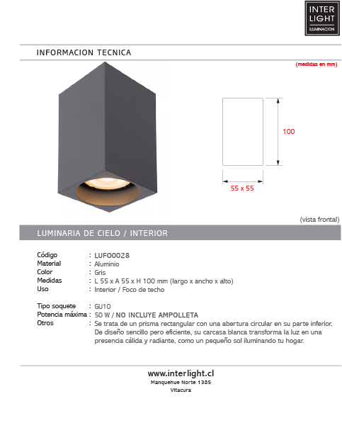 Foco de techo aluminio gris 5,5x10 GU10 - LUFO0028