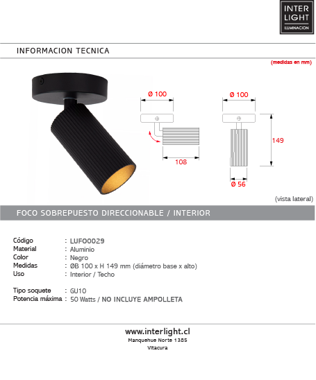 Foco sobrepuesto aluminio negro Ø10x14,9 cm  GU10 - LUFO0029