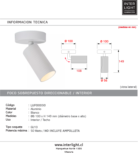 Foco sobrepuesto aluminio Blanco Ø10x14,9 cm  GU10- LUFO0030