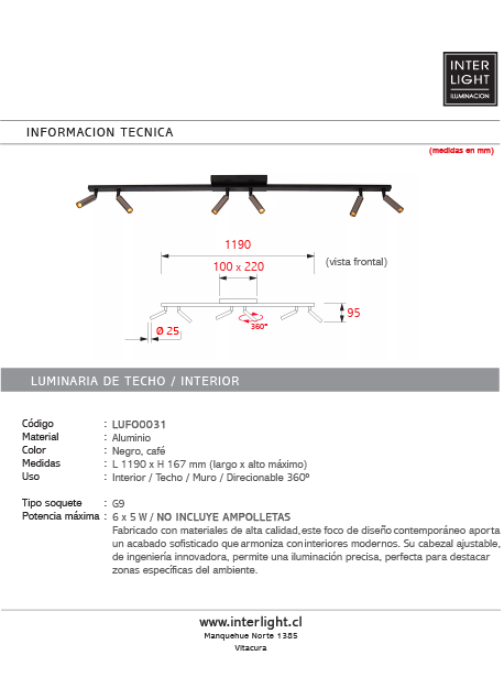 Foco de techo muro aluminio negro cafe direccionable 6 luces G9 - LUFO0031