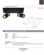 Foco metal negro oro mate de techo o muro 28x15 cm 2 luces GU10 - LUFO0033