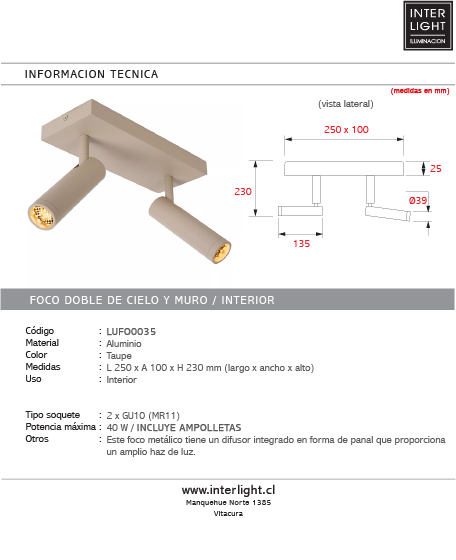 Foco aluminio taupe 25x10x23 cm 2 luces GU10 (MR11) - LUFO0035