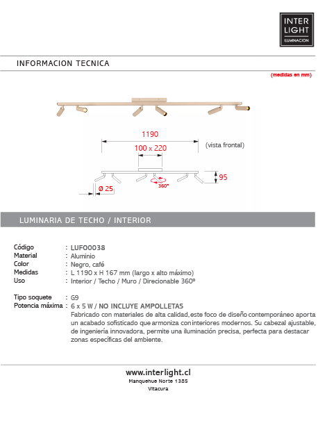 Foco de techo muro aluminio negro cafe direccionable 6 luces G9 - LUFO0038