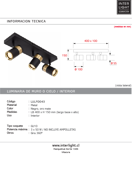 Foco metal negro oro mate de techo o muro 40x15 cm 3 luces GU10 - LUFO0043