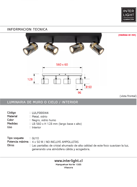 Foco metal negro vidrio humo 56x12,8 cm cuatro luces GU10 - LUFO0044