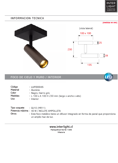 Foco aluminio negro hierro gris 10x10x23 cm  1 luz GU10 (MR11) - LUFO0045