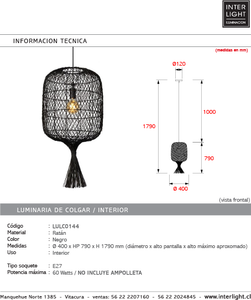 Lámpara colgante ratán negro Ø40x79x1,790 cm E27 - LULC0144