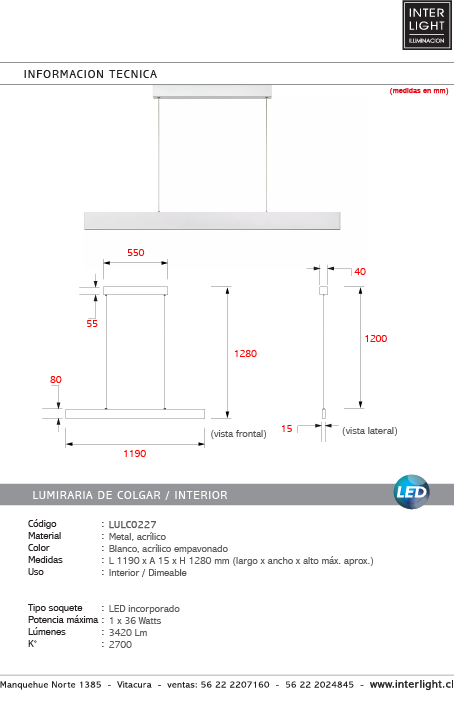Lámpara colgante metal blanco 1,19 LED 36W - LULC0227