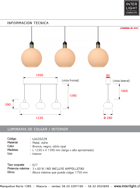 Lámpara colgante metal vidrio bronce negro opal 1,23 mt. 3 luces E27 - LULC0229