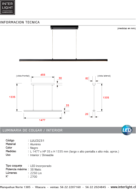 Lámpara colgante aluminio negro 1,47 cm LED 38W - LULC0231