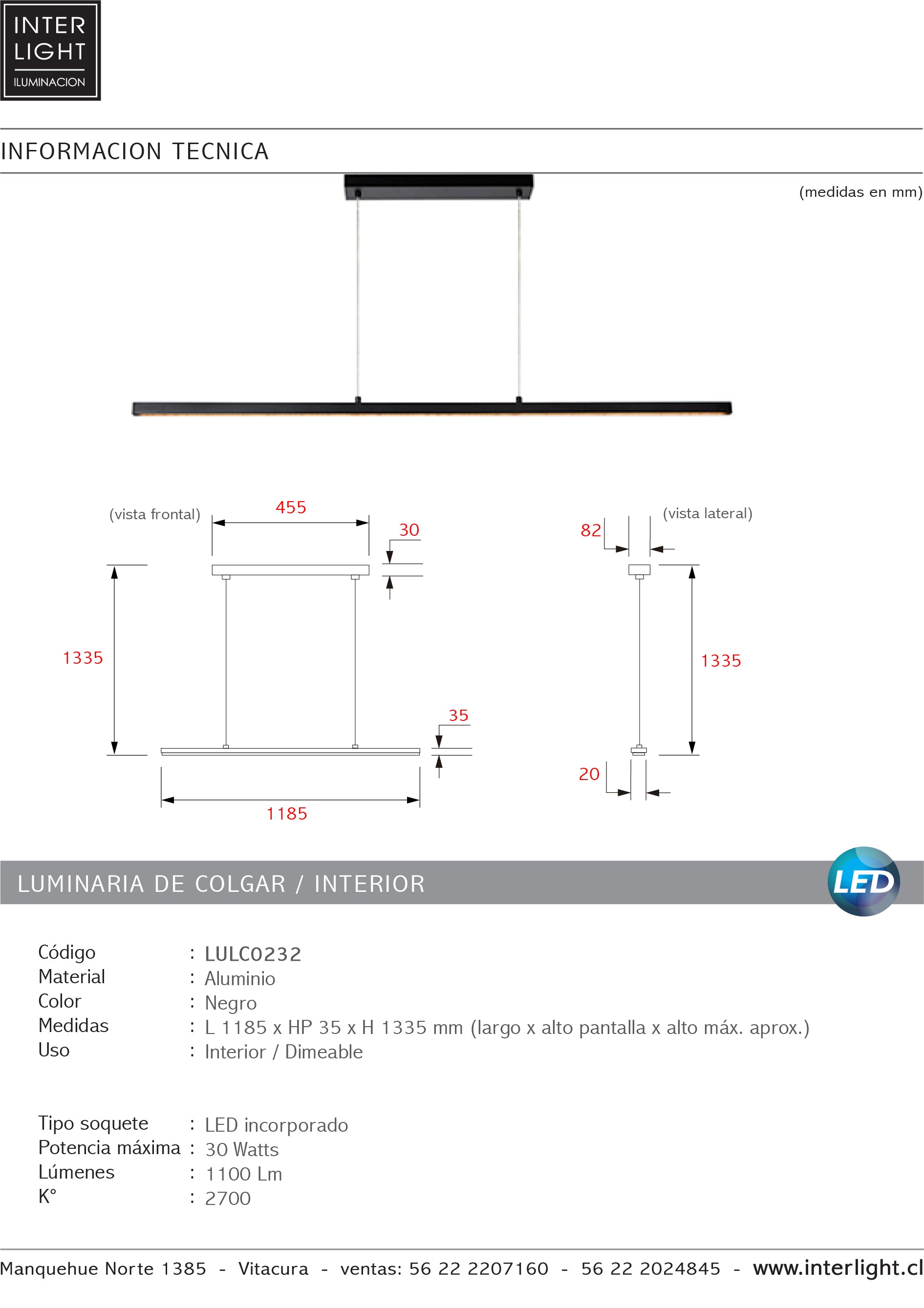 Lámpara colgante aluminio negro 1,185 mt. LED 30W - LULC0232