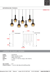 Lámpara colgante metal negro vidrio humo 1,30x1,50 mt. 7 luces E27 - LULC0233