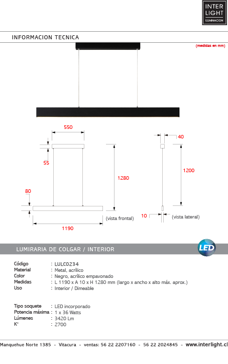 Lámpara colgante metal negro 1,19 mt. LED 36W - LULC0234