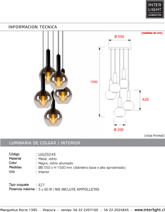 Lámpara colgante metal negro vidrio humo Ø55x1,50 cm 5 luces E27 - LULC0245